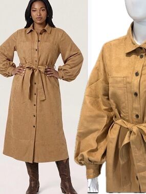 Banana Republic Faux Suede Belted Midi Shirtdress Size Large Button Front Camel